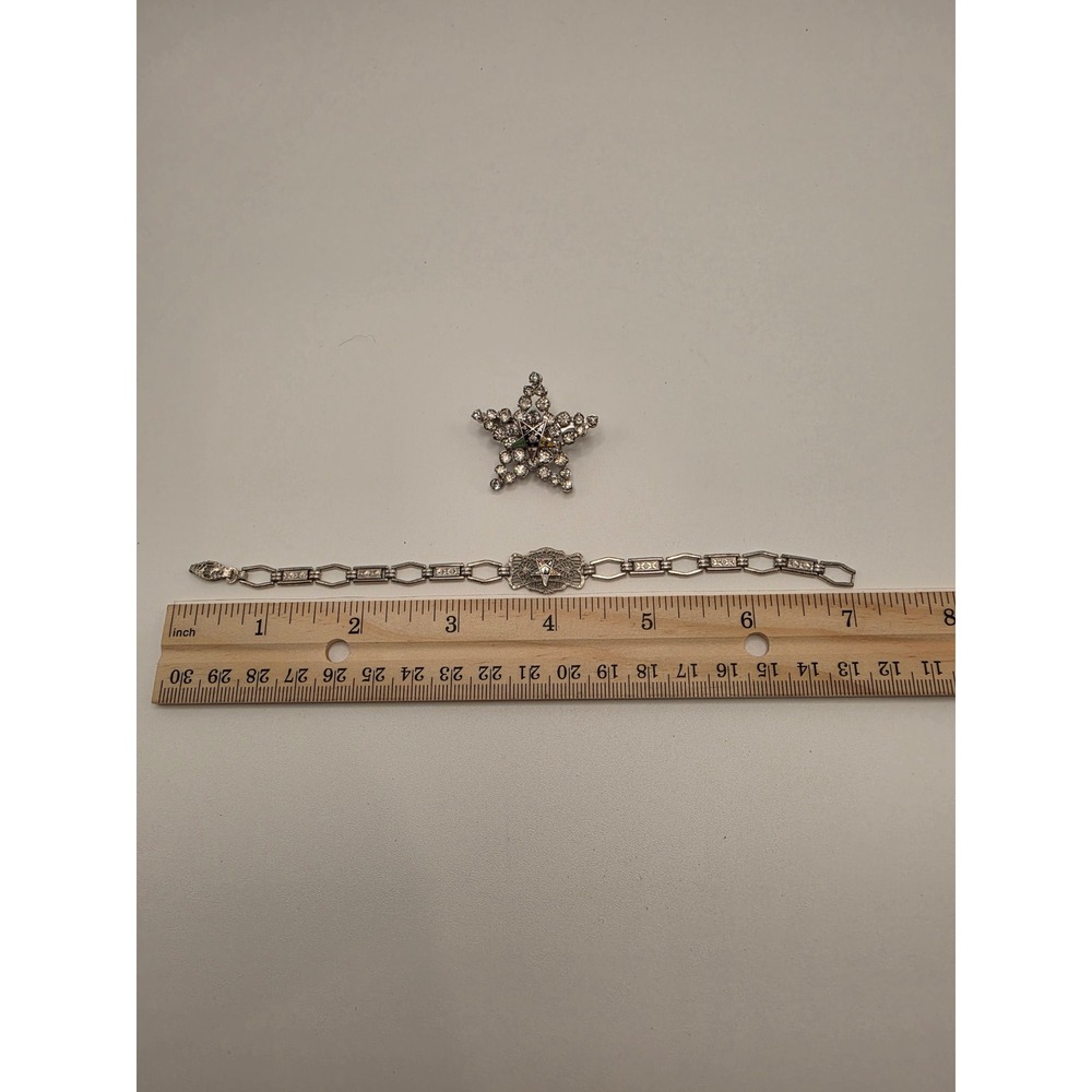 Vintage Order of the Eastern Star OES Rhinestone Star Brooch & Filigree Bracelet - Picture 4 of 7